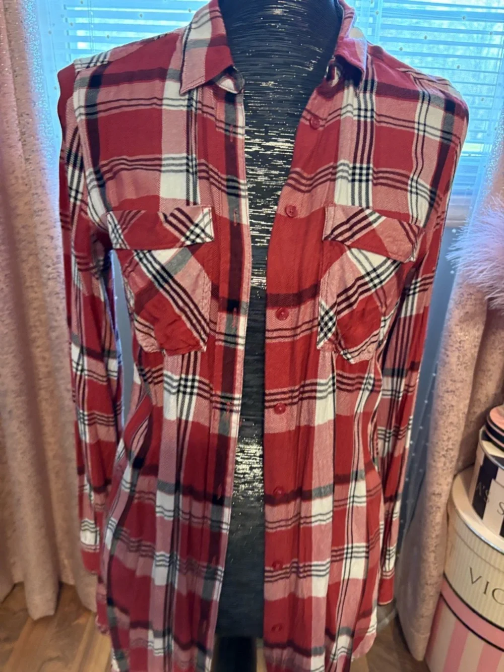 Express Red Plaid Long Shirt - Picture 2 of 5